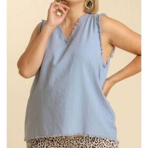 UMGEE v-neck sleeveless top with frayed hem plus in dusty blue
